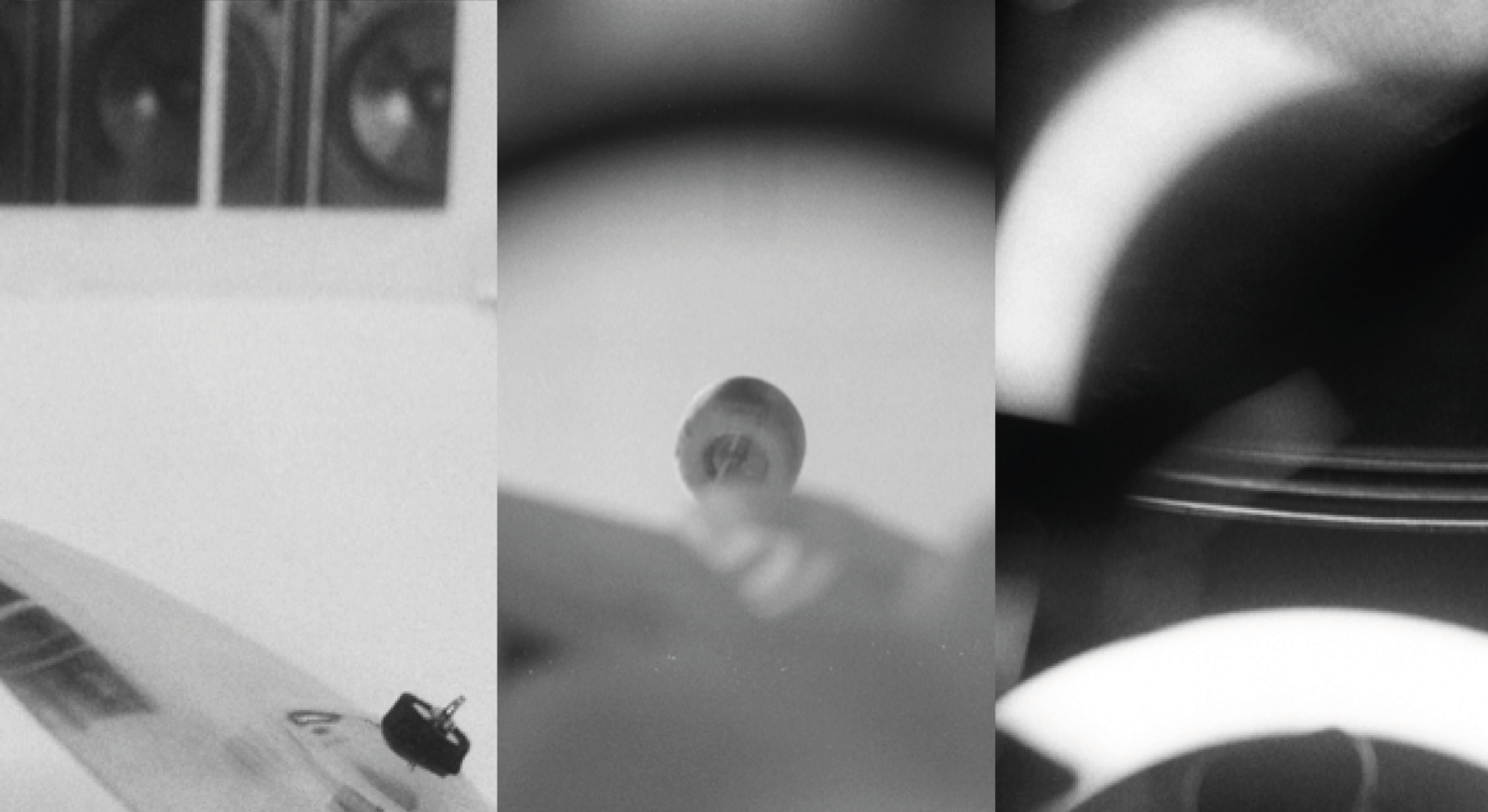 Split into three vertical strips, the image features grainy black and white photographs of a drum kit.